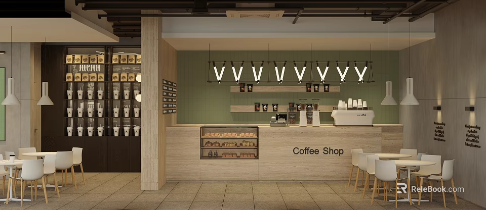 Coffee Shop Interior Design With Green Wall Pendant Lights Wooden Counter And Glass Display Cases 3d model 