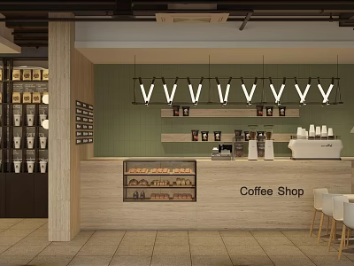 Coffee Shop Interior Design With Green Wall Pendant Lights Wooden Counter And Glass Display Cases 3d model