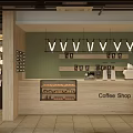 Coffee Shop Interior Design With Green Wall Pendant Lights Wooden Counter And Glass Display Cases