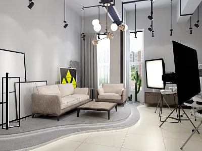Modern Public Office Space Interior With Sofas Coffee Table Chandelier And Potted Plant 3d model
