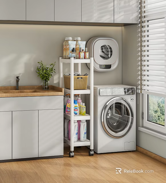 White Bathroom Storage Rack With Wheels For Cleaning Supplies Next To Washing Machine 3d model 