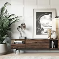 Modern Walnut TV Stand With Decorative Painting Floor Lamp And Potted Plant