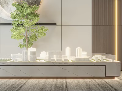 Modern City Model Display with Green Plant on Marble Stand and Wooden Wall Interior 3d model