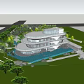Modern White Sales Office Building With Curved Design Glass Facade And Palm Trees 3d model