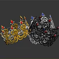 Ornate Gold Silver Black Crown Jewelry With Red Blue Gems And Intricate Curly Patterns