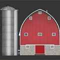 Traditional Red Barn Building With Gray Roof Arched Design White Windows And Wooden Door