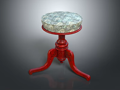 Traditional Red Wooden Stool With Round Patterned Seat And Carved Legs 3d model