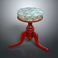 Traditional Red Wooden Stool With Round Patterned Seat And Carved Legs