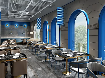 Elegant Modern Restaurant Interior Design With Arched Windows Blue Decor Circular Lights Tables And Chairs 3d model