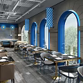 Elegant Modern Restaurant Interior Design With Arched Windows Blue Decor Circular Lights Tables And Chairs