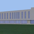 Modern Industrial Factory Building Exterior With Large Glass Windows And Front Grass Lawn