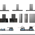 Modern Kitchen Appliances Including Range Hoods Microwave Ovens And Gas Stoves With Blue Flames