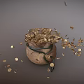 Traditional Clay Pottery Jar Overflowing With Gold Coins And Scattered Coins