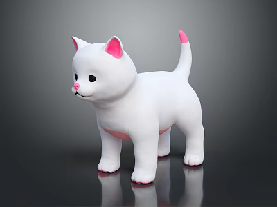 Cute White Cat Toy With Pink Ears Tail And Paws On Reflective Surface 3d model
