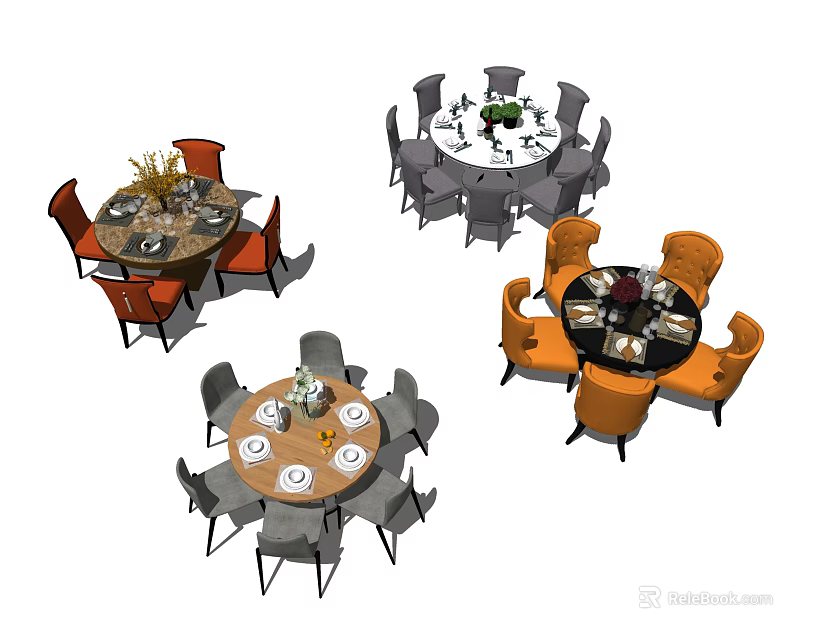 Stylish Dining Table Sets with Various Chairs Tableware and Decor Details 3d model