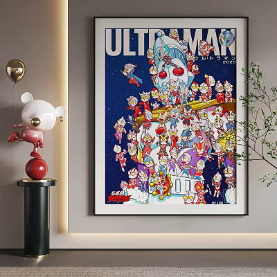 Abstract Painting With Cartoon Characters Blue Background Plush Toy Black Pillar And Green Plant 3d model