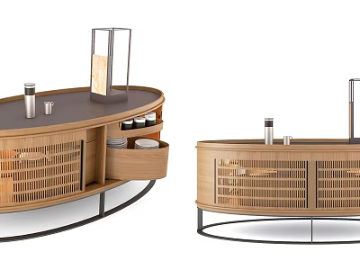 Modern Curved Wooden Coffee Table With Storage Drawers And Metal Frame Design 3d model