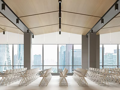 Modern Conference Room Interior With Large Windows City View Arranged Chairs And Wooden Ceiling Design 3d model