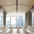 Modern Conference Room Interior With Large Windows City View Arranged Chairs And Wooden Ceiling Design