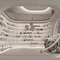 Modern Interior Design With Circular Bookshelves Spherical Pendant Lights Books And Planet Model