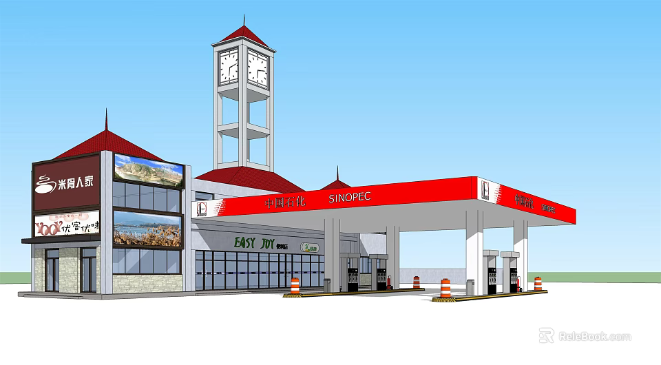 Qinghe Gas Station Exterior Featuring Red Canopy Clock Tower And Fuel Pumps 3d model 