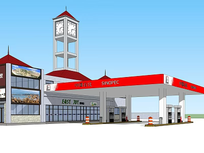 Qinghe Gas Station Exterior Featuring Red Canopy Clock Tower And Fuel Pumps 3d model