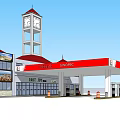 Qinghe Gas Station Exterior Featuring Red Canopy Clock Tower And Fuel Pumps