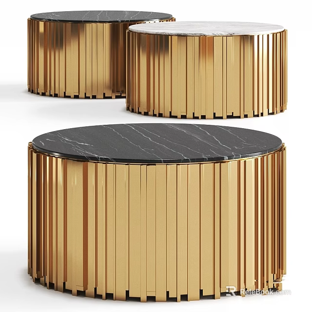 Elegant Round Tables With Gold Ribbed Bases And Black Marble Tops 3d model 