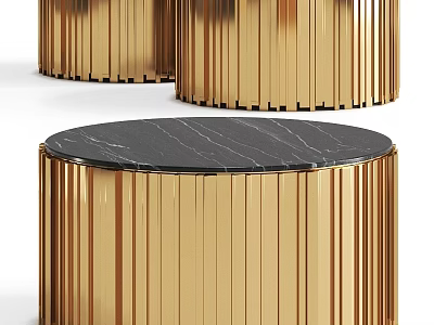 Elegant Round Tables With Gold Ribbed Bases And Black Marble Tops 3d model