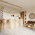 Spacious Interior Space With Arched Windows Green Chairs Wooden Tables Pendant Lights And Large Screen