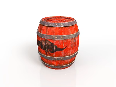 Vintage Red Wooden Barrel With Black Rhinoceros Design And Metal Hoops 3d model