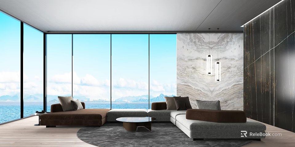 Hotel Public Lounge With Large Windows Ocean Mountain View Marble Wall Pendant Lights And Sofas 3d model