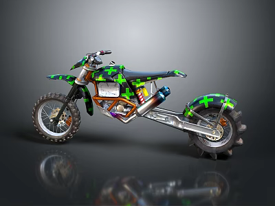 Green And Black Camo Off Road Motorcycle With Knobby Tires And Exposed Mechanics 3d model