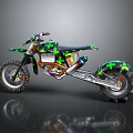 Green And Black Camo Off Road Motorcycle With Knobby Tires And Exposed Mechanics
