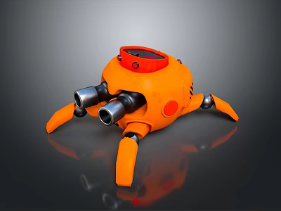 Orange Mechanical Robot With Multiple Legs And Cannons On Body Design 3d model