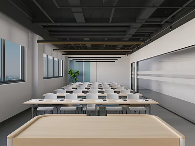 Modern Meeting Room With Arranged Tables Chairs Large Windows Natural Light And Wooden Table 3d model