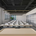 Modern Meeting Room With Arranged Tables Chairs Large Windows Natural Light And Wooden Table