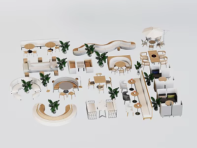 Comfortable Modern Outdoor Chairs With Coffee Tables Potted Plants And Sunshade Umbrellas 3d model