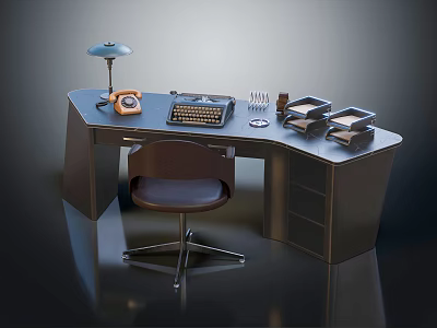 Vintage Office Desk With Desk Lamp Telephone Typewriter Pen Holder Paper Stack And Office Chair 3d model
