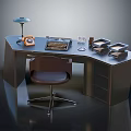 Vintage Office Desk With Desk Lamp Telephone Typewriter Pen Holder Paper Stack And Office Chair