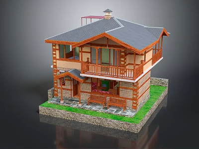 Detached Villa Featuring Wooden Design Gray Roof Chimney Second Floor Balcony Stone Base And Lawn 3d model