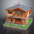 Detached Villa Featuring Wooden Design Gray Roof Chimney Second Floor Balcony Stone Base And Lawn