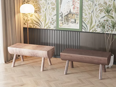 Modern Wooden Benches With Simple Design In Interior Featuring Herringbone Floor And Wallpaper 3d model