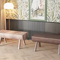 Modern Wooden Benches With Simple Design In Interior Featuring Herringbone Floor And Wallpaper