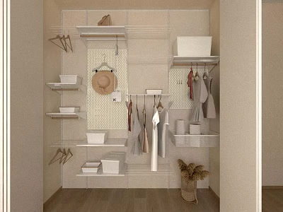 Modern Closet Interior With Open Shelves Hanging Rods And Storage Boxes 3d model