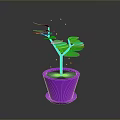 Green Potted Plant With Vibrant Leaves In Purple Flower Pot On Gray Background