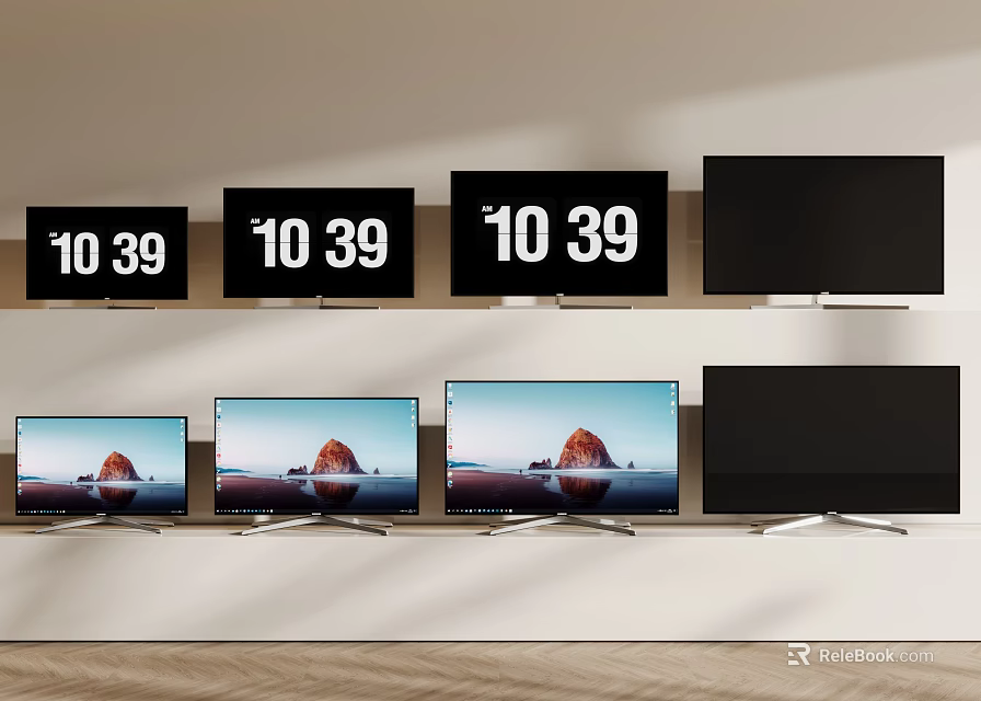 Assorted TVs Displayed On Wall And Shelves With Different Screen Displays 3d model 