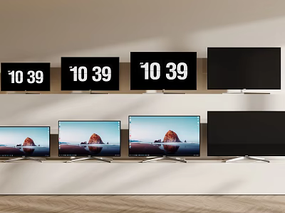 Assorted TVs Displayed On Wall And Shelves With Different Screen Displays 3d model