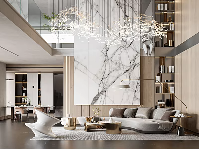 Modern Duplex Living Room Interior Design With Marble Wall Chandelier Sofa And Bookshelves 3d model