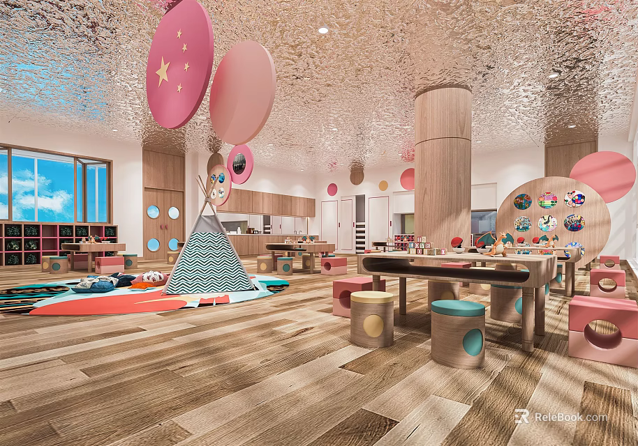 Bright Colorful Kindergarten Interior With Wooden Elements Playful Activity Area And Natural Light 3d model 